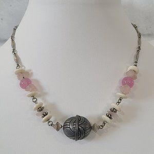 Vintage 1928 Necklace Stone Metal Art Glass Barrel Clasp Pink Silver Tone